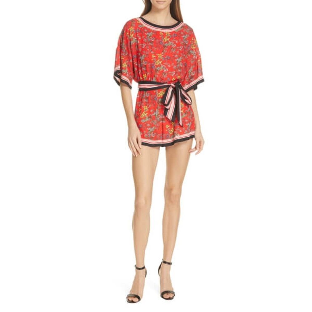 Alice + Olivia Bowie Red Navy Floral Belted Romper, 10